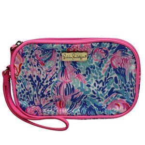 Lilly Pulitzer Gillie Wristlet Treasure Trove Pink Tropical Print Zip Bag